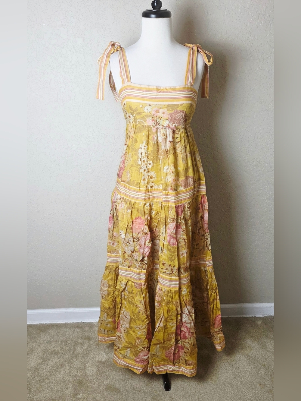 Zimmermann Pattie Tie Shoulder Floral Print Dress Mustard Yellow Size 2 - Picture 4 of 10